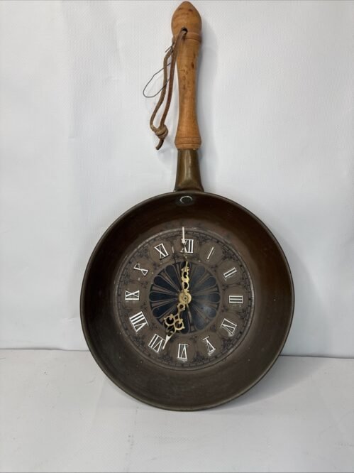 Vintage Copper Pan Wall Clock w/ Wooden Handle Quartz Takane Working