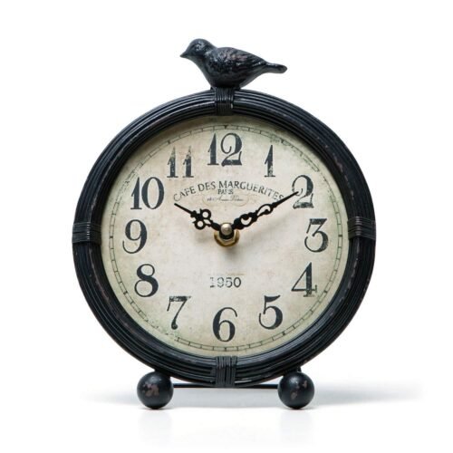 Vintage Cottage Metal Table Clock with Bird, 6.8 by 2 by 8.5 Inches, Pitchdark