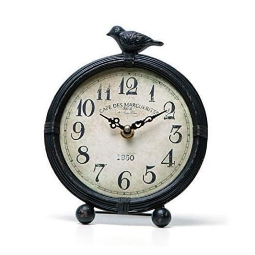 Vintage Cottage Metal Table Clock with Bird, 6.8 by 2 by 8.5 Inches, Pitchdark