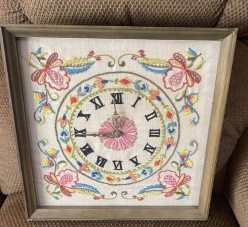 Vintage Crewel Needlepoint Floral Wall Clock Wooden Shadow Box Frame Works 15”