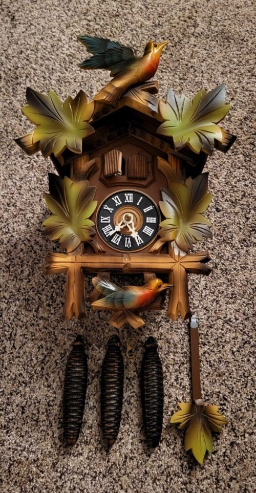 Vintage Cuckoo Clock w Flying Bird Maple Leaf Topper Untested