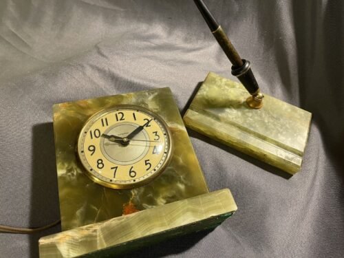 Vintage Cut Stone Onyx Clock Desk Set w/ Parker Pen