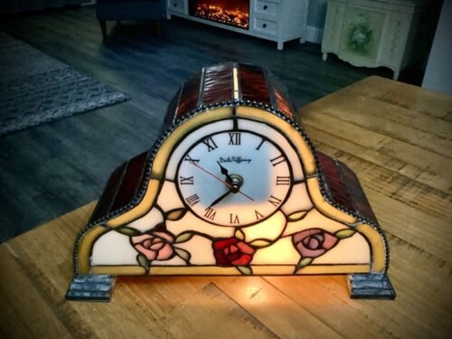 VINTAGE DALE TIFFANY STAINED GLASS DESK TABLE MANTLE CLOCK FLORAL PATINA 12”x 8”