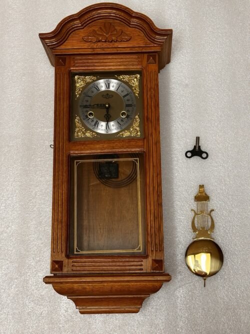 Vintage D&A Oak Regulator Chiming Wall Clock with Pendulum & Key WORKS! Antique