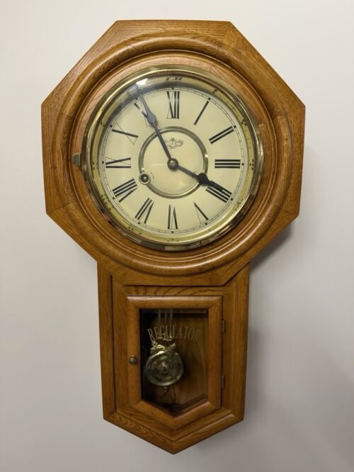 Vintage D & A Schoolhouse Regulator Wall Clock Chiming with Pendulum. Working!