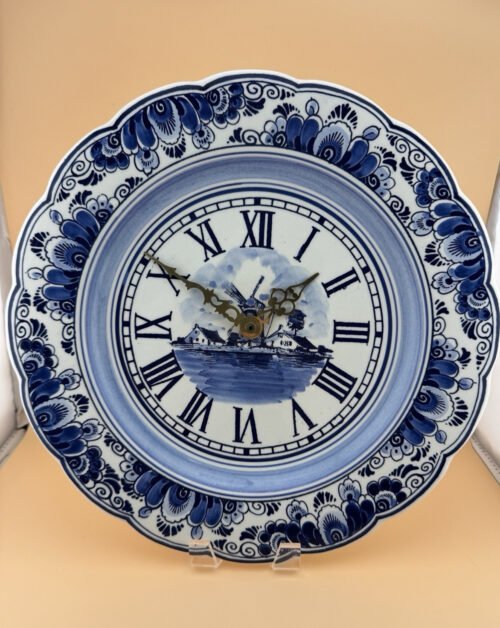 Vintage Delft Blue Holland Hand Painted Wall Clock Scalloped Edge 10.75" RARE