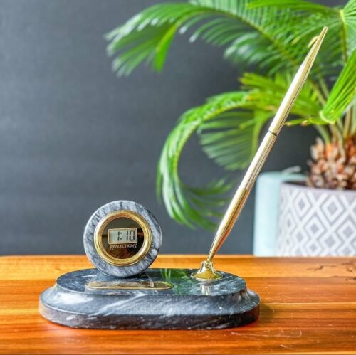 Vintage Desk Clock-Pen Set on Grey Marble Base
