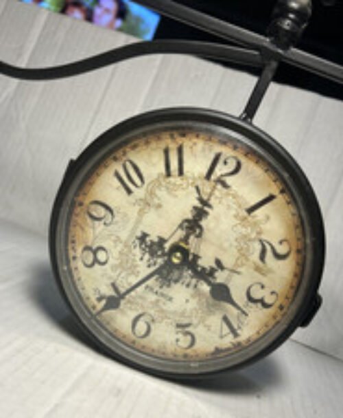 Vintage Double Sided Wall Clock Iron Metal Silent Paris, France Decor