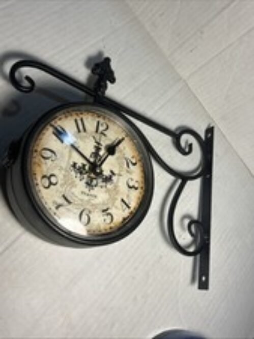 Vintage Double Sided Wall Clock Iron Metal Silent Paris, France Decor