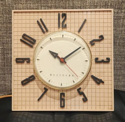 VINTAGE Eames Era Atomic Midcentury Pink Westclox Wallmate Wall Clock 1950s OLD