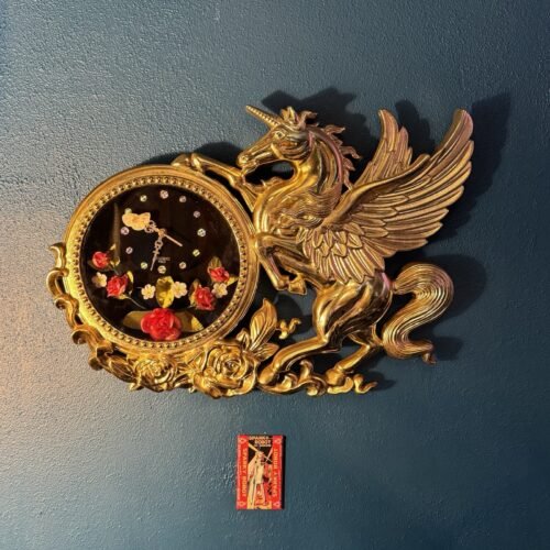 Vintage Eleco Alicorn Wall Clock Gold Plastic Shadowbox Fantasy Décor