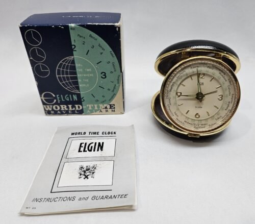 Vintage Elgin 8824 Travel Alarm Clock World Time - Black w/ Original Box /Manual