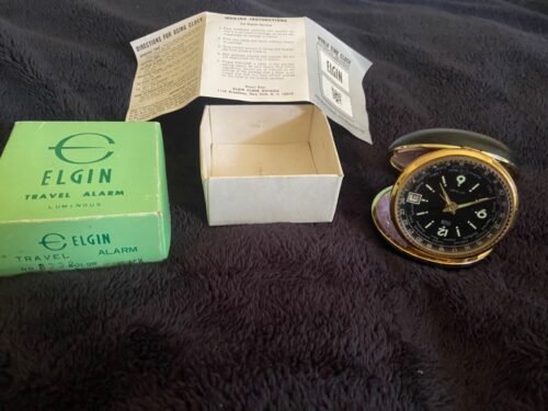 Vintage Elgin Calendar Travel World Time Alarm Clock Luminous Dial Boxed Folding