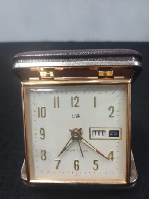 Vintage Elgin Day And Date Travel Alarm Clock Brown japan