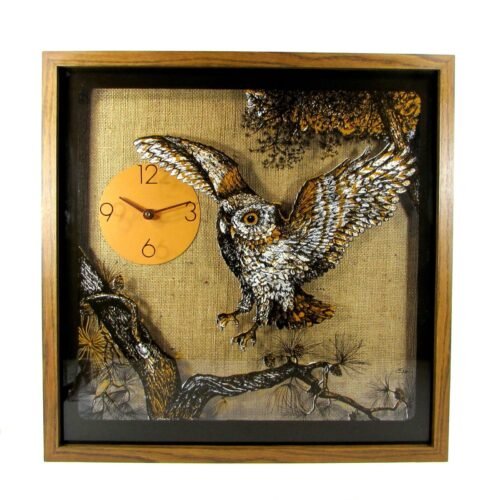Vintage Elgin FLYING OWL 21" WALL CLOCK Pine Branch Moon Burlap Retro 70`s Works