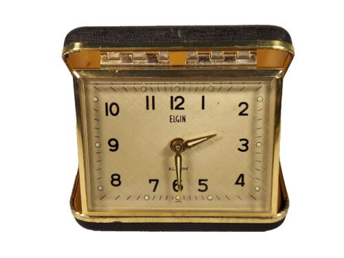 Vintage Elgin Folding Travel Alarm Clock Wind Up/ Black Case/Tested