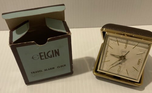* VINTAGE ELGIN TRAVEL ALARM CLOCK & DATE W/ ORIGINAL BOX ~ WORKS