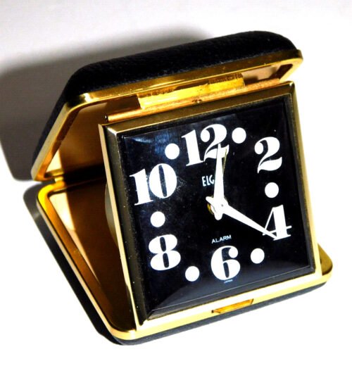 Vintage Elgin Travel Alarm Clock Japan Black Case Works Great