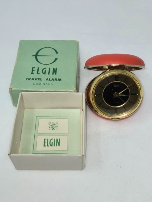 VINTAGE ELGIN TRAVEL ALARM CLOCK JAPAN RED W/BOX & INSTRUCTIONS WORKS