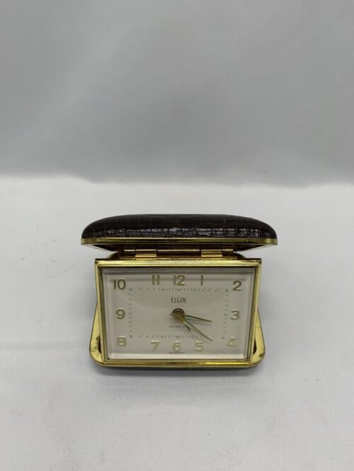 Vintage Elgin Travel Alarm Clock Luminous Dial Leather Case MCM Germany READ