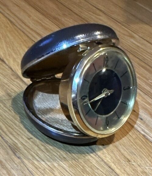 Vintage Elgin Travel Alarm Clock Round Wind Up Brown w/Gold + Black Face *TESTED