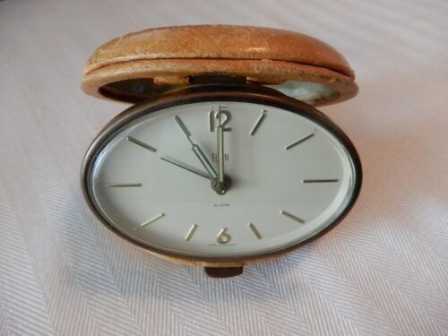 Vintage Elgin Travel Alarm Clock w/ Genuine Leather Case ~ Made in Germany