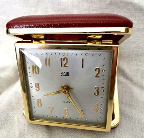 Vintage ELGIN Travel Alarm Clock~Wind-up in Folding Red Case