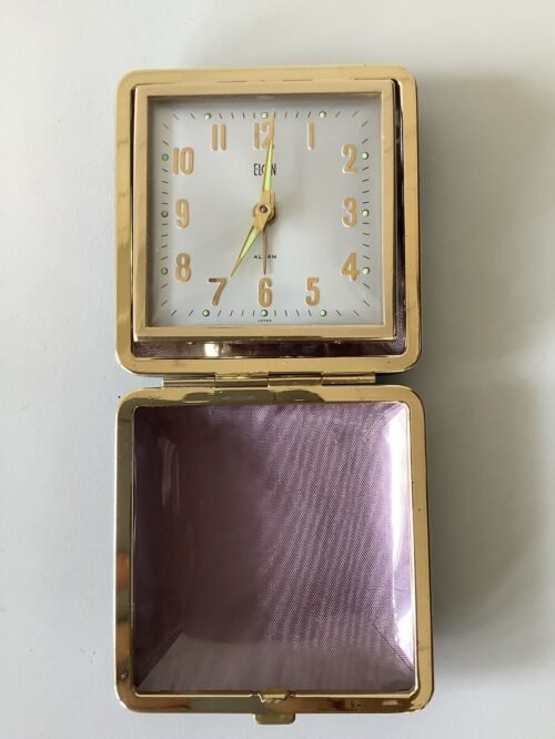 Vintage ELGIN Travel Alarm Clock Wind Up Folding Black Case Excellent Condition