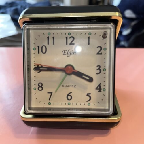 Vintage Elgin Travel Alarm Clock Working Clam Case Wind Up Black Glowing Hands