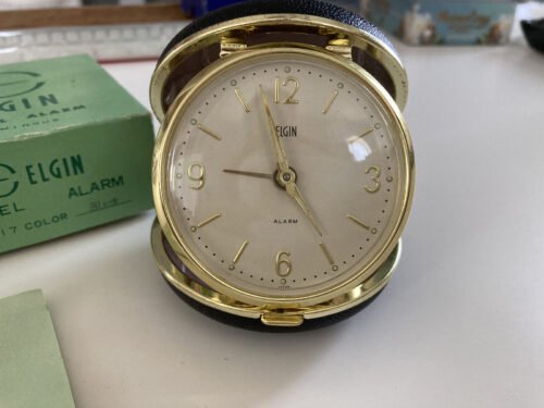 Vintage Elgin Travel Alarm Luminous Clock 8817 Black with Box & Manual