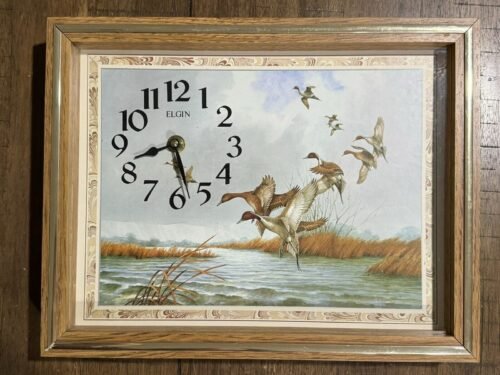 Vintage Elgin Wood Framed Wall Clock Boxed Redheads/Ducks Tested Working EUC!