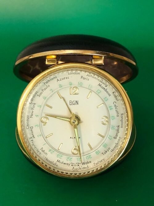 Vintage Elgin World Time Travel Alarm Clock Round Clam Shell Japan WORKS