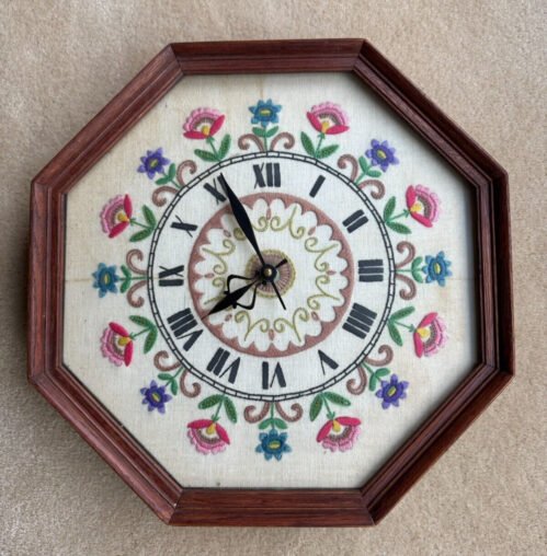 Vintage Embroidered Octagon Wall Clock, Two black hands, Non Glare Glass, 1970's