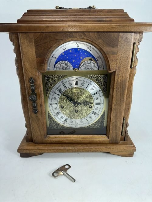 Vintage Emperor Moon Phase Walnut Mantel Clock Hermle 341-020 - Tested -