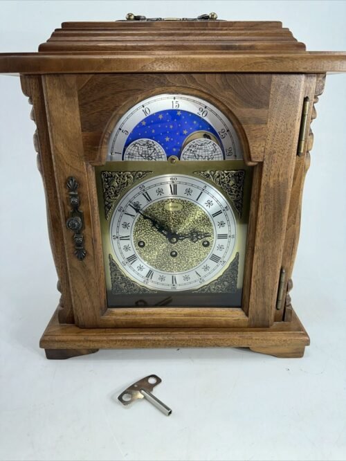 Vintage Emperor Moon Phase Walnut Mantel Clock Hermle 341-020 - Tested -