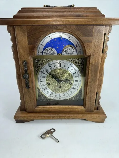 Vintage Emperor Moon Phase Walnut Mantel Clock Hermle 341-020 - Tested -