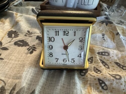 Vintage Equity Black Gold Folding Travel Wind Up Clock with Alarm