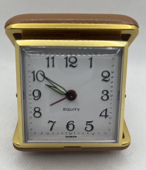 Vintage Equity Folding Small Travel Alarm Clock Brown Plastic Case- Taiwan