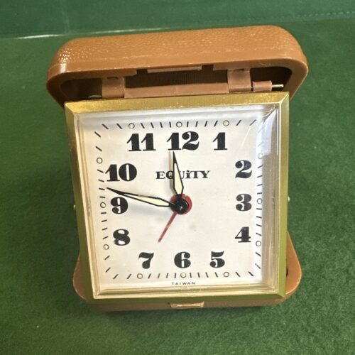 Vintage EQUITY FOLDING TRAVEL ALARM CLOCK 1970's - Brown case - Works