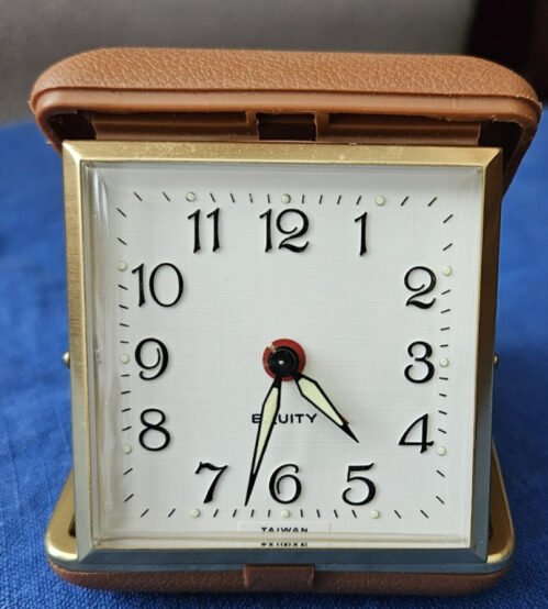 Vintage Equity Folding Travel Alarm Clock Wind Up Brown Case 1970s - Works