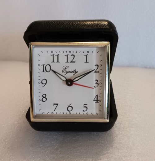 Vintage Equity Folding Travel Working Alarm Clock Glow Hands Black Case Works