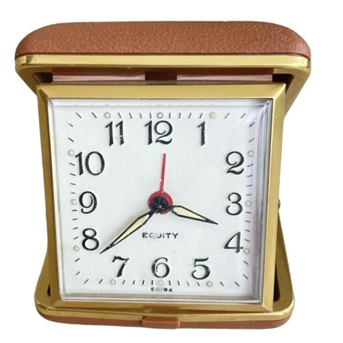 Vintage Equity Folding Travel Working Alarm Clock Glow Hands Brown Case Working