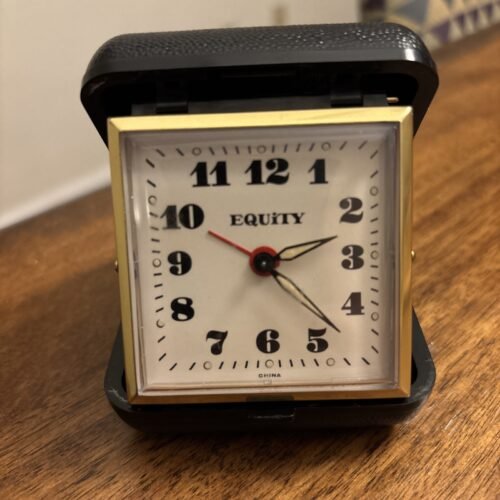 Vintage EQUITY Mechanical Wind-Up Travel Alarm Clock Black Nice Tick Works Well
