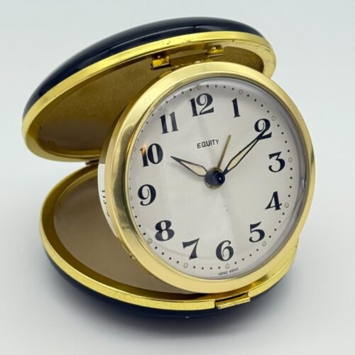 Vintage EQUITY Round Compact Wind-Up Alarm Travel Clock, Glossy Black/Gold Works