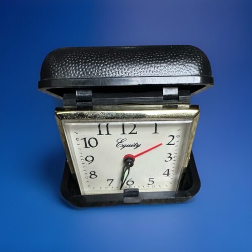 Vintage Equity Travel Alarm Clock Small Folding Black Case Working