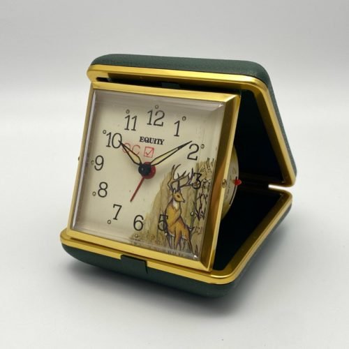 Vintage EQUITY Tri-fold Wind-up Analog Travel Alarm Clock Stag Deer Graphic New