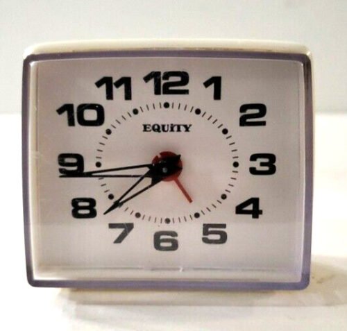 Vintage Equity White Plastic Key Wound Small Travel Alarm Clock