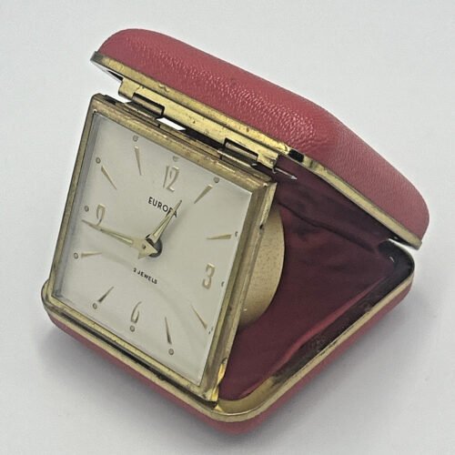 Vintage Europa 2 Jewels Wind-up Travel Alarm Clock W/Red Clamshell Case - Works
