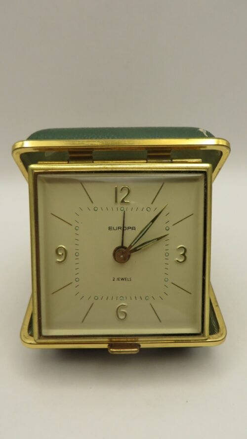 Vintage Europa Germany 2 Jewel Folding Travel Alarm Clock Green Case WORKING