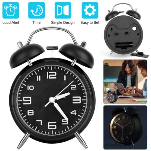Vintage Extra Loud Alarm Clock Analog Twin Bell Battery Backlight Bedroom Black